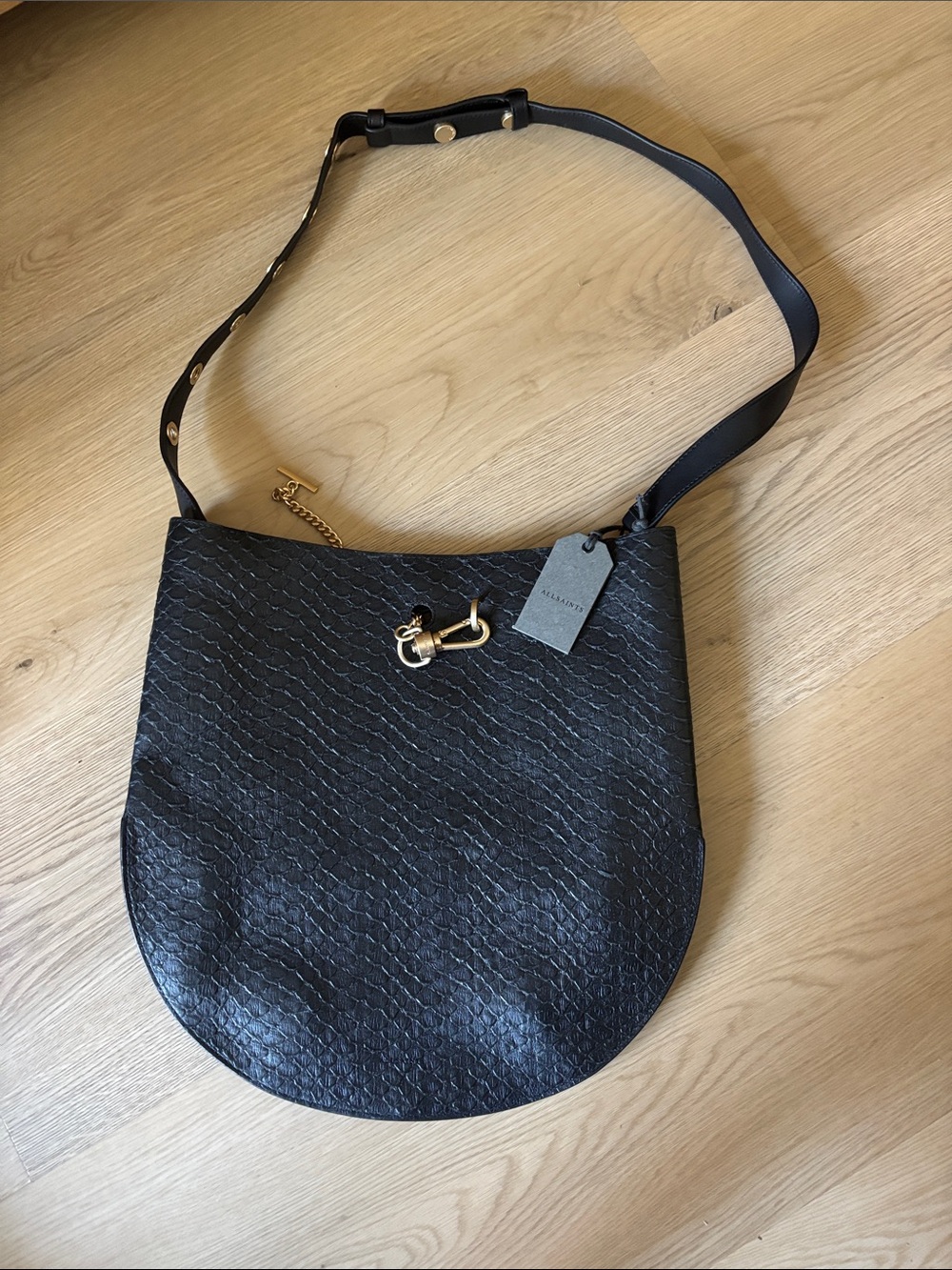 AllSaints Black Textured Leather Shoulder Bag with Gold Accent